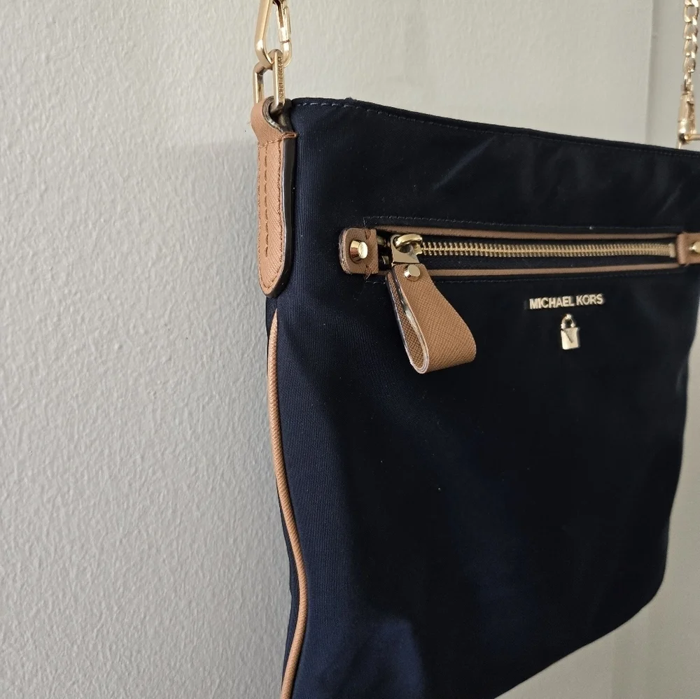 Michael Kors Kelsey Navy Blue Tan Nylon Shoulder Bag